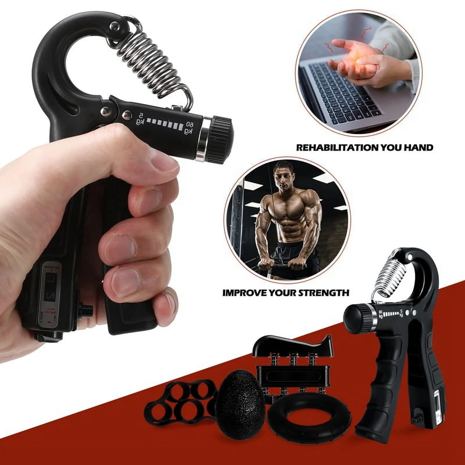 6 Pack Grip Strength Trainer Kit with Counter, Adjustable Resistance 10 to 132Lbs Hand Gripper, Hand Extension Exerciser and Forearm Workout Ring for Muscle Building and Injury Recover